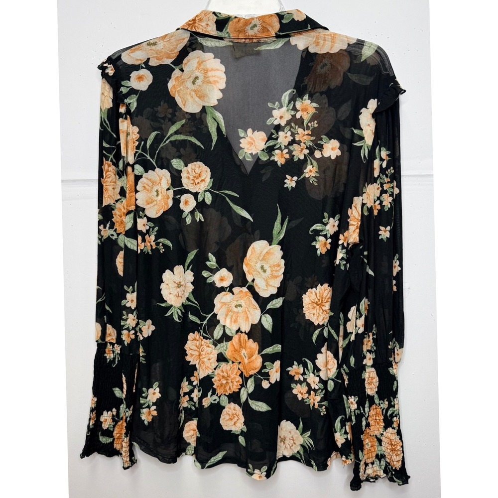 Ember Floral Mesh Blouse XL Black Orange Smocked Cuff Boho Whimsigoth Office Y2K - Picture 11 of 11